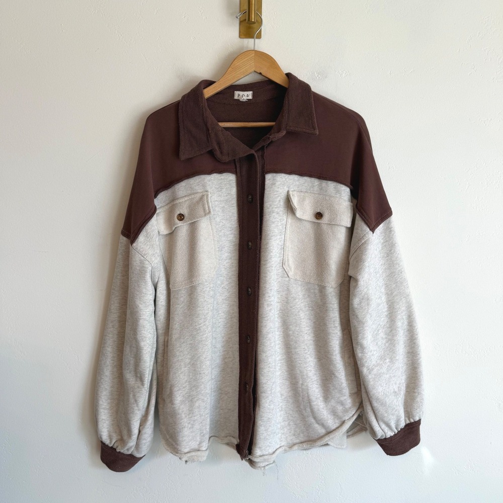 POL Colorblock Shacket Brown Cream Oversized Raw Hem Boho Cabincore Gorpcore M